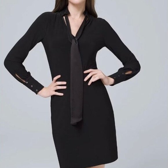 White House Black Market Dresses & Skirts - White House Black Market WHBM Tie Neck Shift Dress Black Long Sleeve XXS NWT